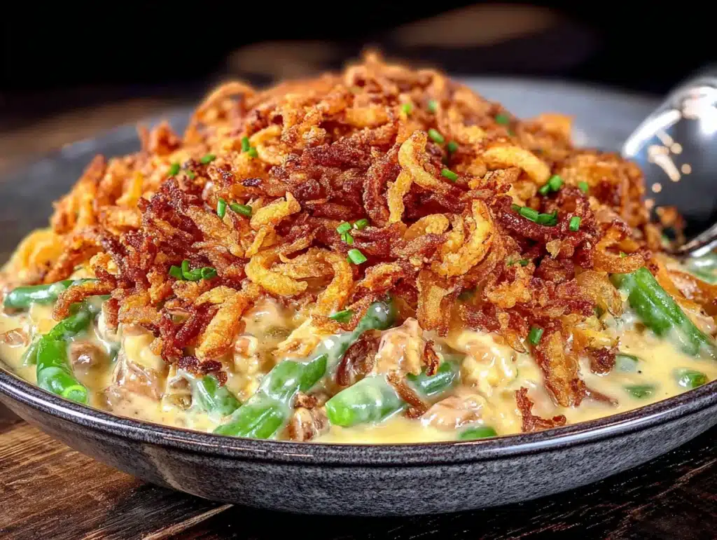 cozy green bean casserole with crispy fried onions - featured image