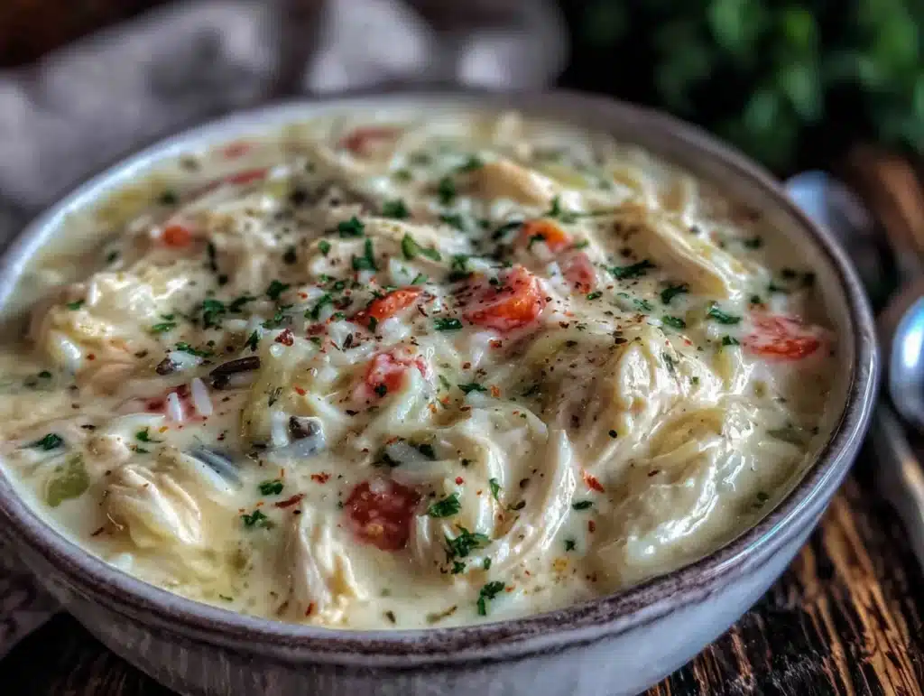 lightened up creamy crockpot chicken and wild rice soup - featured image
