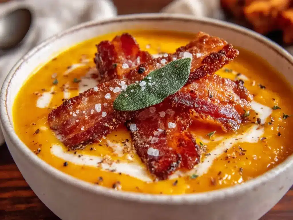 butternut squash soup with sage and bacon - featured image