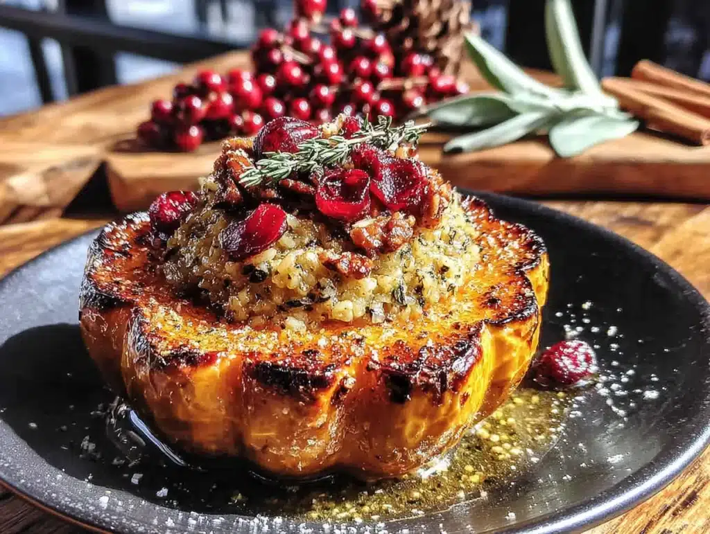 cozy roasted acorn squash stuffed with wild rice and cranberries - featured image