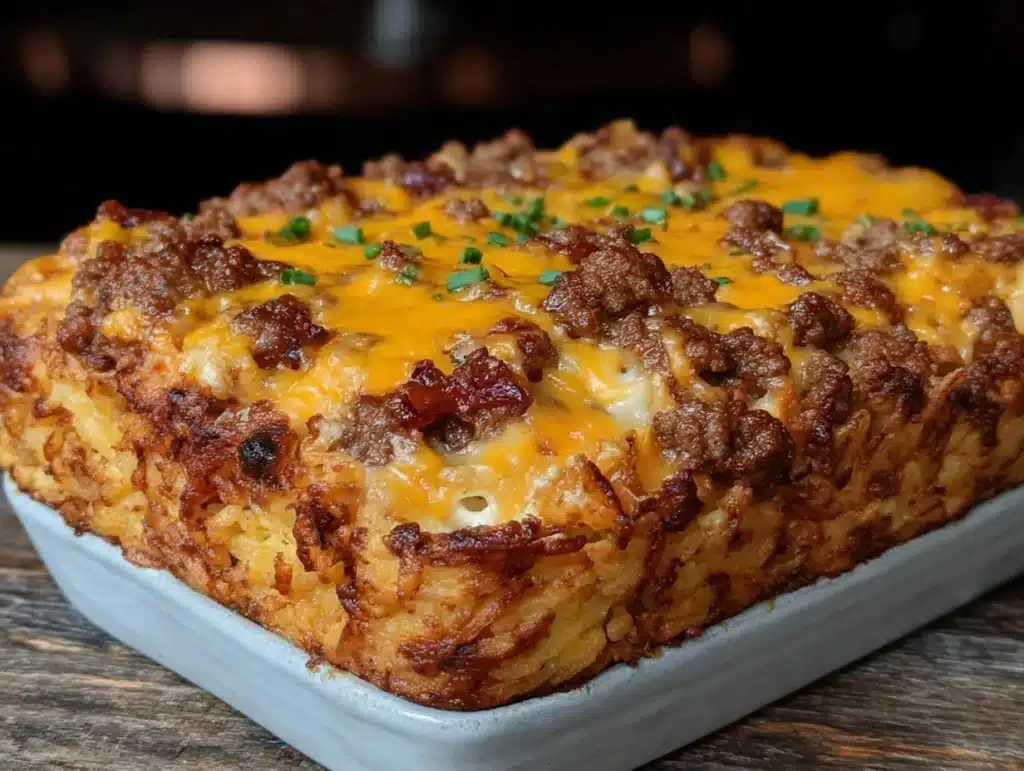 loaded sausage hash brown breakfast casserole - featured image
