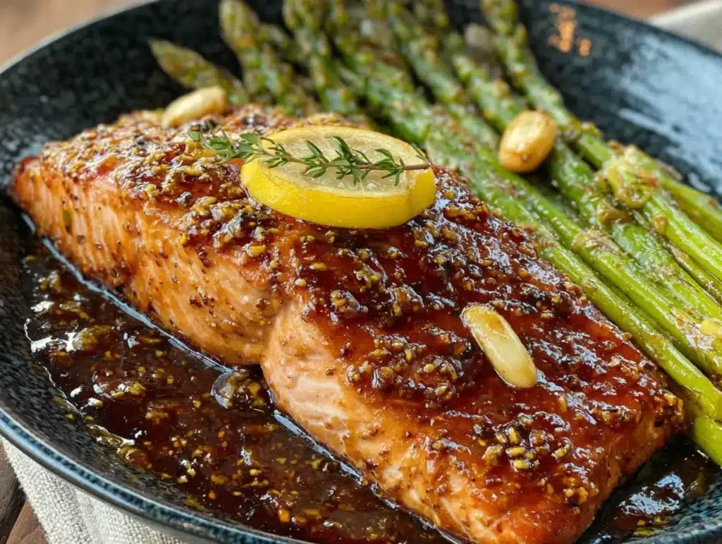 one-pan honey garlic salmon with asparagus - featured image