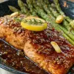 one-pan honey garlic salmon with asparagus - featured image