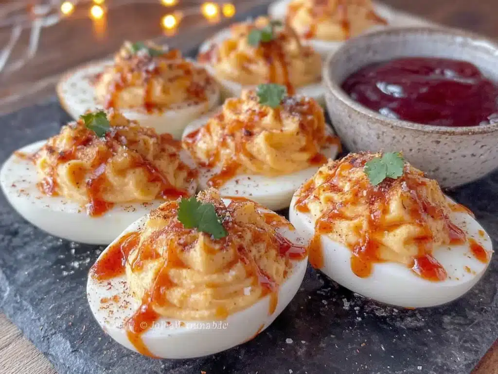 Spiderweb Sriracha Deviled Eggs - featured image