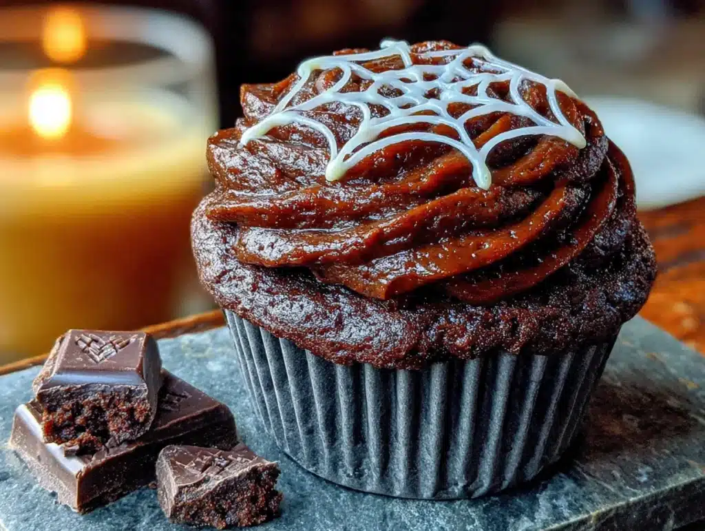 black cocoa spiderweb cupcakes - featured image