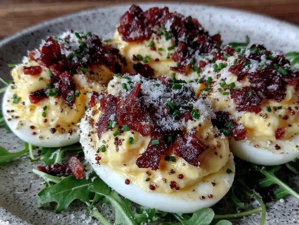 lightened-up deviled eggs with bacon - featured image
