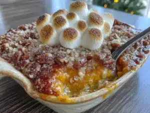 sweet potato casserole with marshmallow pecan streusel - featured image